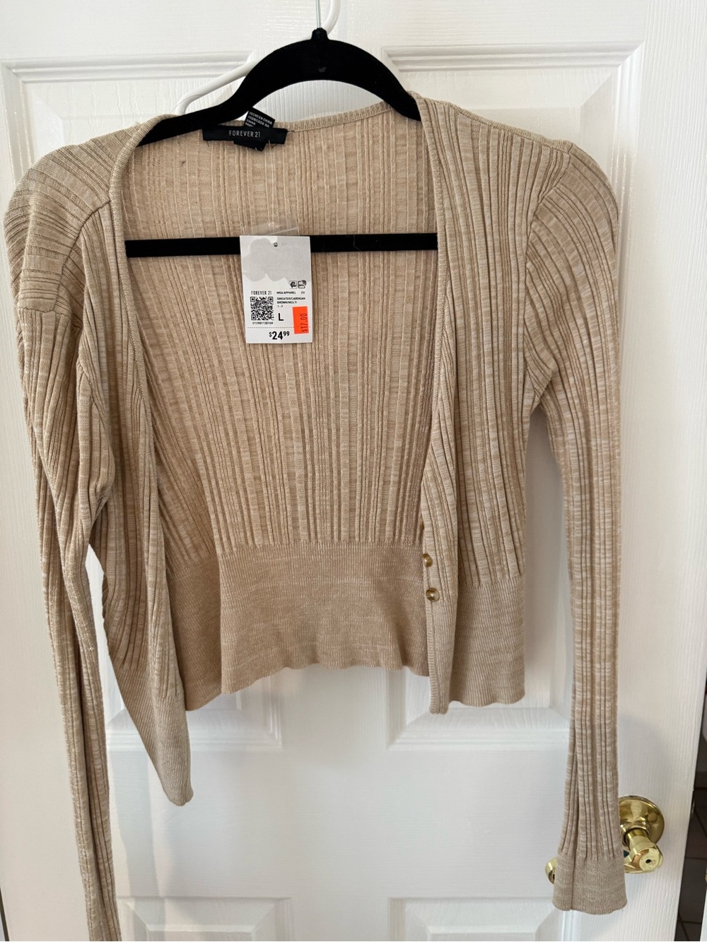 Forever 21 Tan Ribbed Cropped Cardigan with Gold Buttons